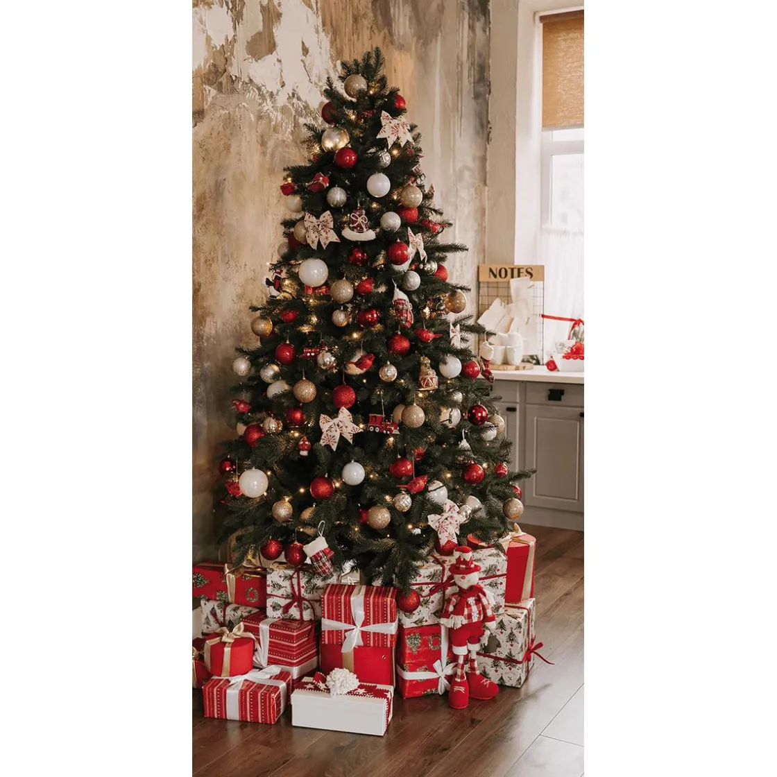 DecoWoerner Pancartas De Navidad E Invierno|Bandera De Navidad>Bandera De Tela Ignífuga "Árbol De Navidad Con Regalos Rojos Y Blancos" De Tela De Bandera 100 X 200 Cm