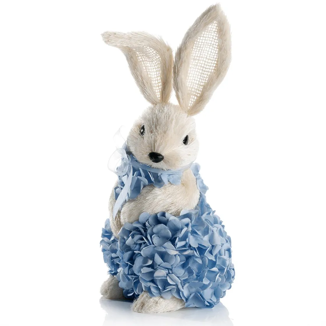 DecoWoerner Decoración De Animales|Decoración De Pascua>Conejo De Pascua Decorativo De Espuma Dura Y Sisal Con Vestido De Hortensias 30 Cm