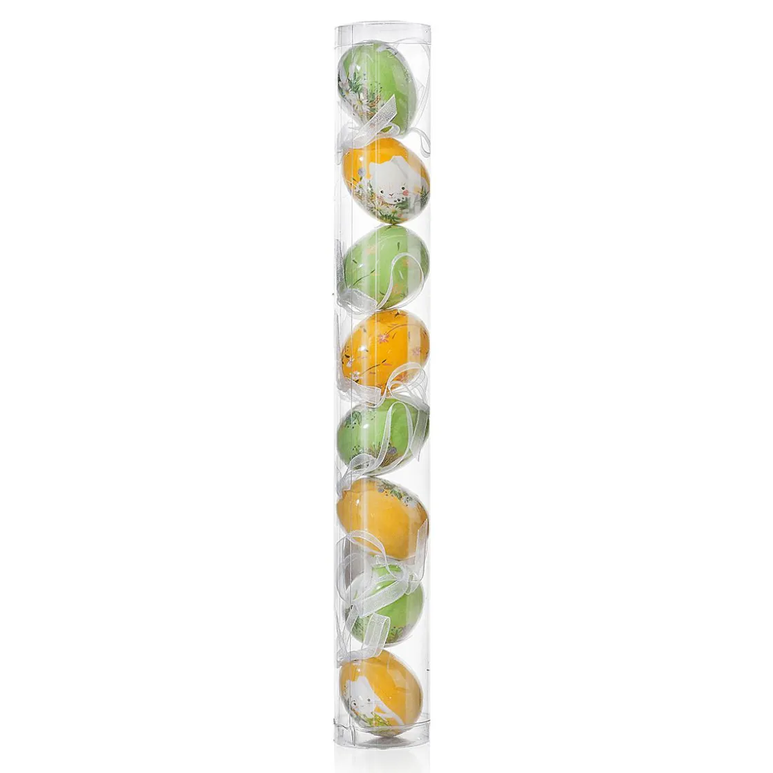 DecoWoerner Decoración De Pascua>Juego De Huevos De Pascua De Espuma Para Colgar, Amarillo Con Dibujo De Conejo Y Lazo 8pcs.