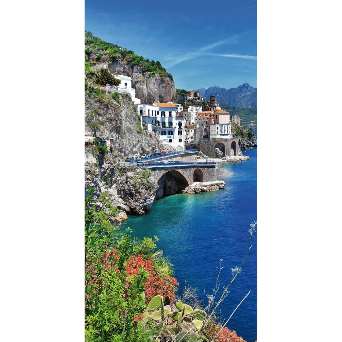 DecoWoerner Decoración De Verano|Pancartas De Verano>Pancarta De Tela Ignífuga "Costa De Amalfi En El Mediterráneo Italiano" De Tela De Bandera 100 X 200 Cm