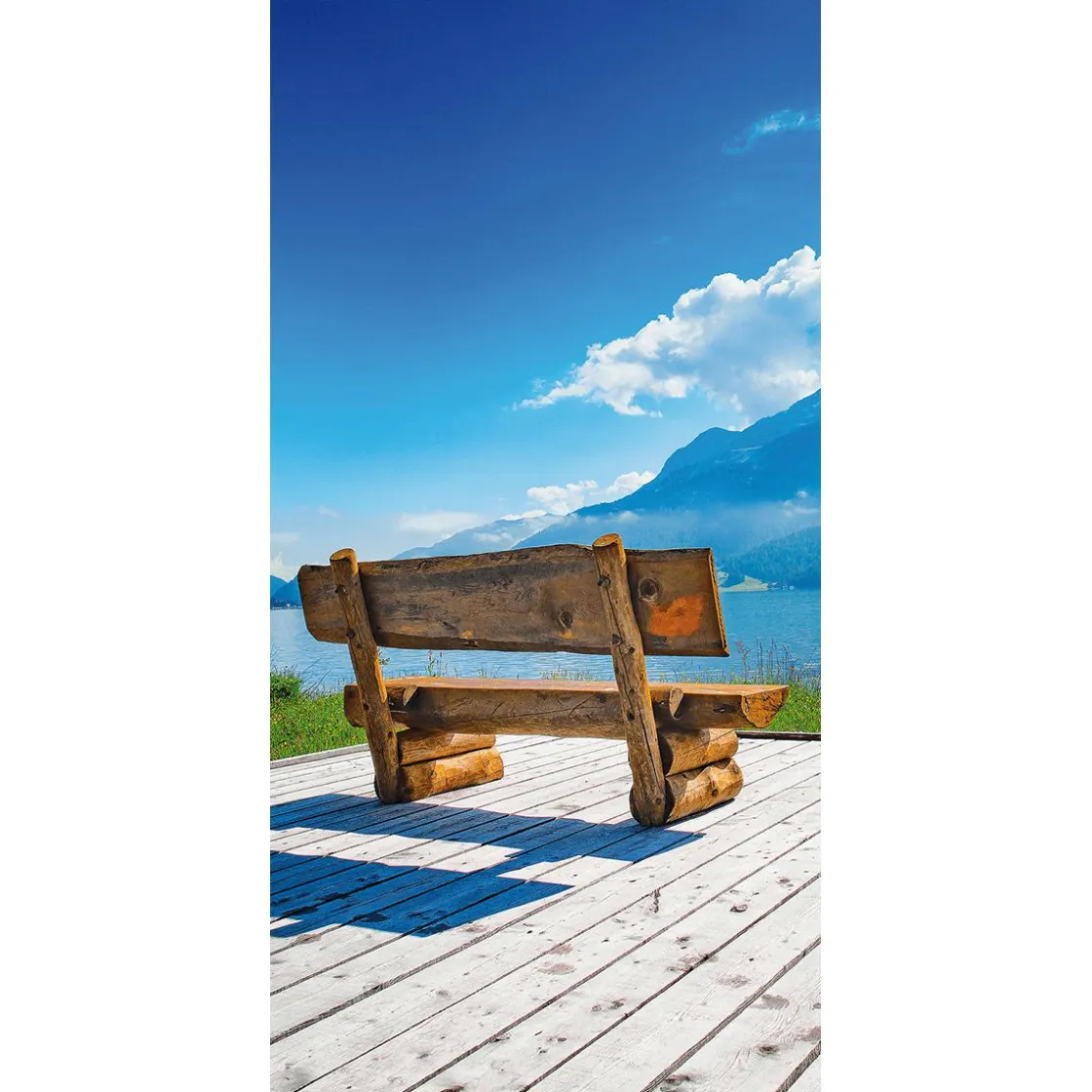DecoWoerner Decoración De Verano|Pancartas De Verano>Pancarta De Tela Ignífuga "Banco De Madera Junto Al Lago" De Tela De Bandera 100 X 200 Cm