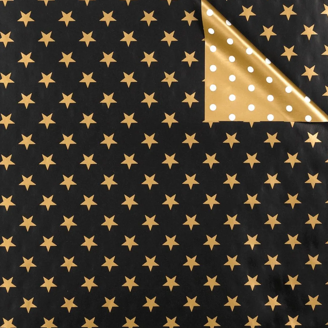 DecoWoerner Papel De Regalo>Papel De Regalo Navideño De Doble Cara Con Estrellas Y Puntos Negros Y Dorados - Rollo De Papel De Regalo De 50 M