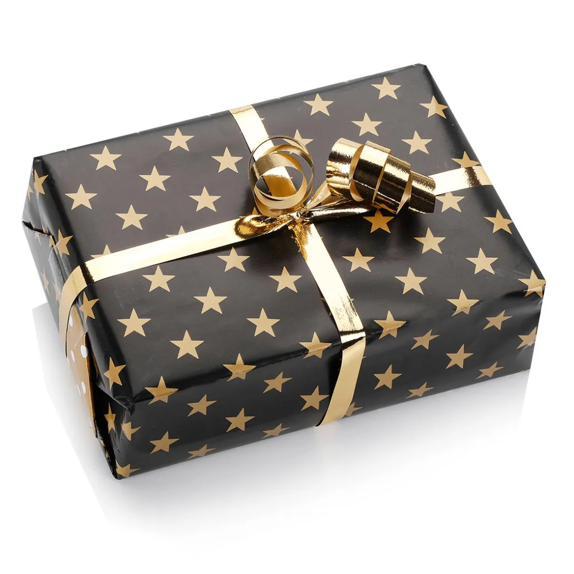 DecoWoerner Papel De Regalo>Papel De Regalo Navideño De Doble Cara Con Estrellas Y Puntos Negros Y Dorados - Rollo De Papel De Regalo De 50 M
