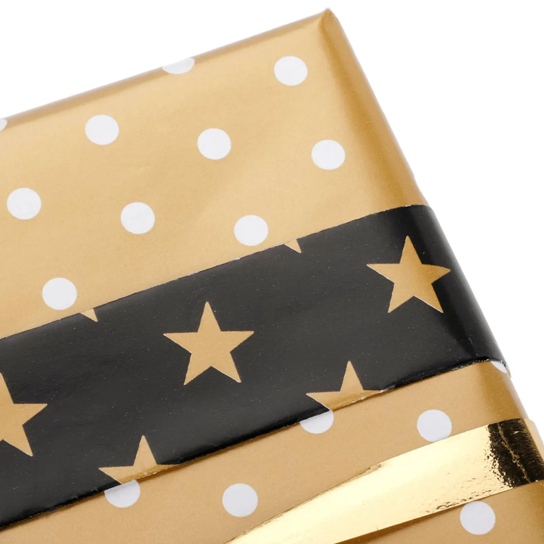 DecoWoerner Papel De Regalo>Papel De Regalo Navideño De Doble Cara Con Estrellas Y Puntos Negros Y Dorados - Rollo De Papel De Regalo De 50 M