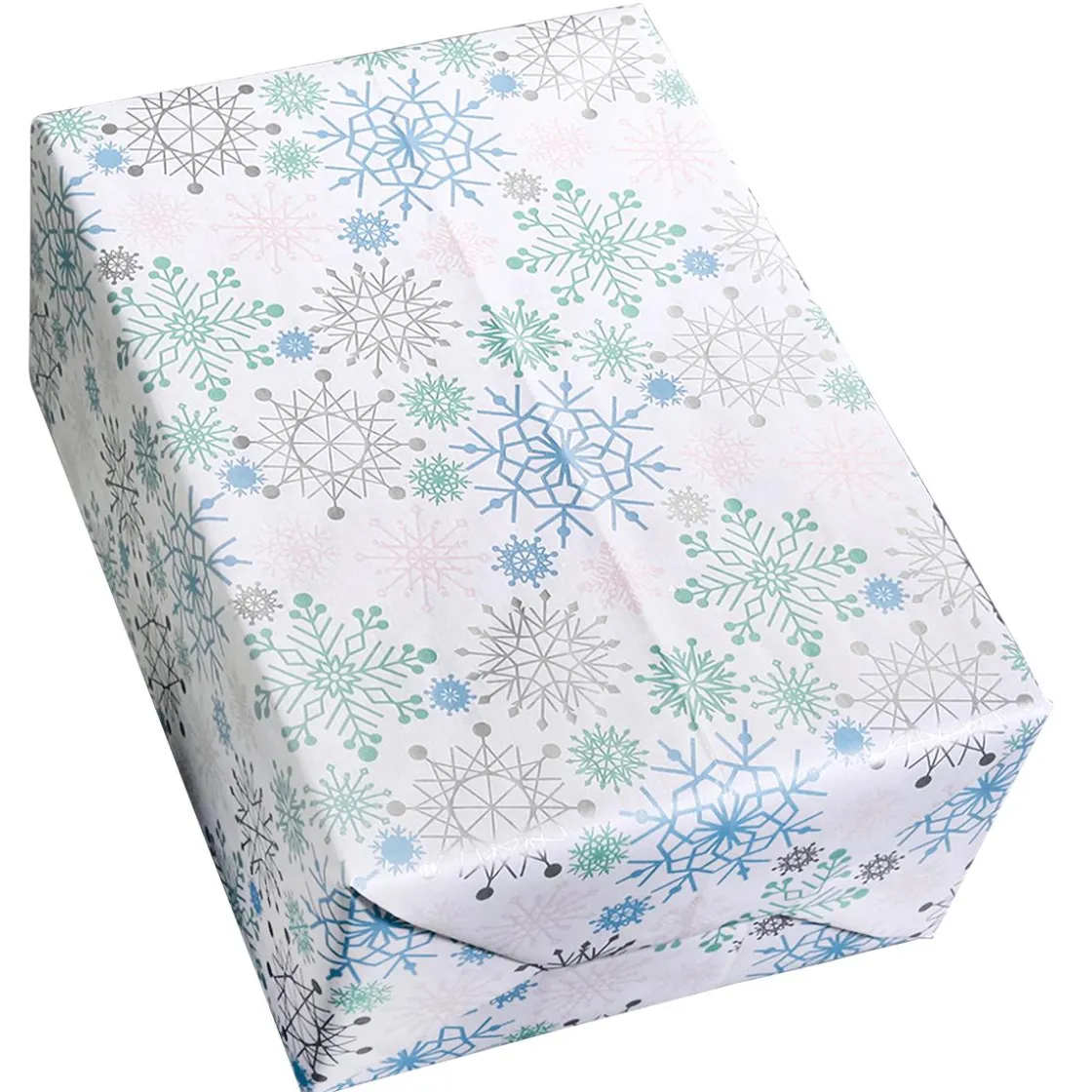 DecoWoerner Papel De Regalo>Papel Kraft Con Copos De Nieve En Azul Claro, Rosa, Plata Y Menta - Rollo De Papel De Regalo De 50 M