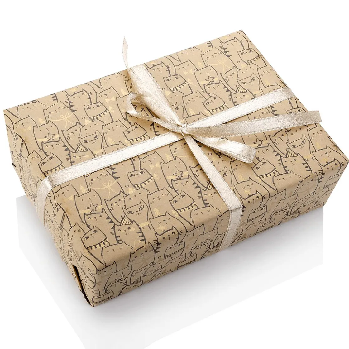 DecoWoerner Papel De Regalo|Go Green - Envoltorio Para Regalo Ecológico>Papel Kraft Reciclado Con Gatos Y Detalles Dorados - Rollo De Papel De Regalo De 50 M
