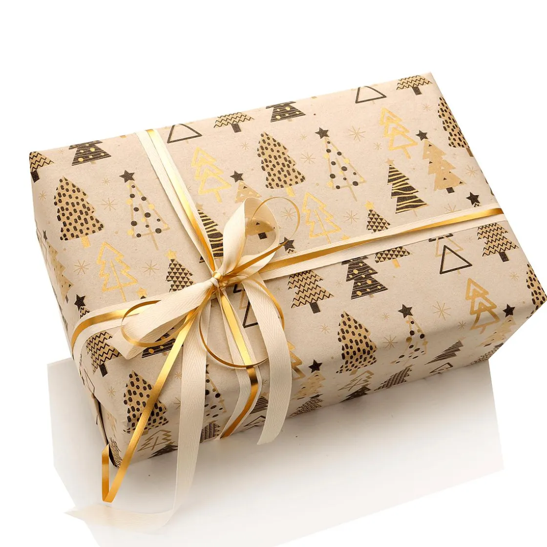 DecoWoerner Papel De Regalo|Go Green - Envoltorio Para Regalo Ecológico>Papel Kraft Reciclado Con árboles De Navidad En Beige, Negro Y Dorado - Bobina De Papel De Regalo De 50 M