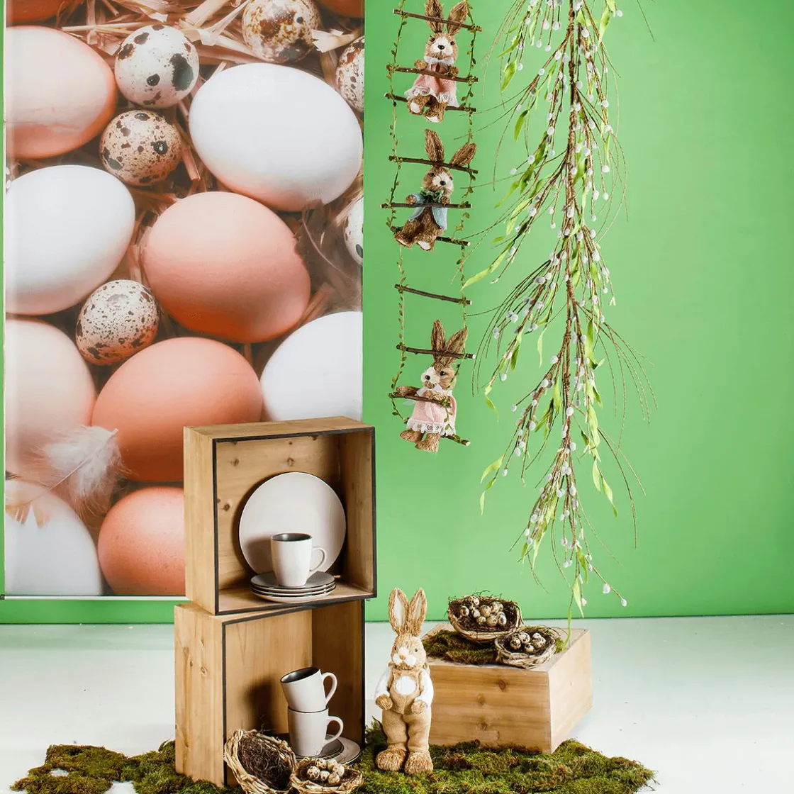 DecoWoerner Decoración De Animales|Decoración De Pascua>Percha Decorativa "Conejitos En Escalera De Madera", 120 Cm De Largo