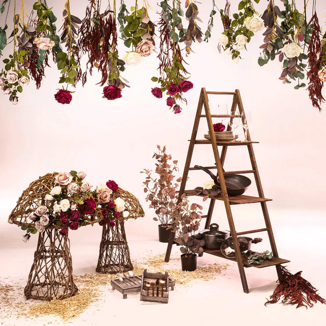 DecoWoerner Decoración Temática|Flores Artificiales>Rama De Rosa Artificial, 73 Cm, Cremoso