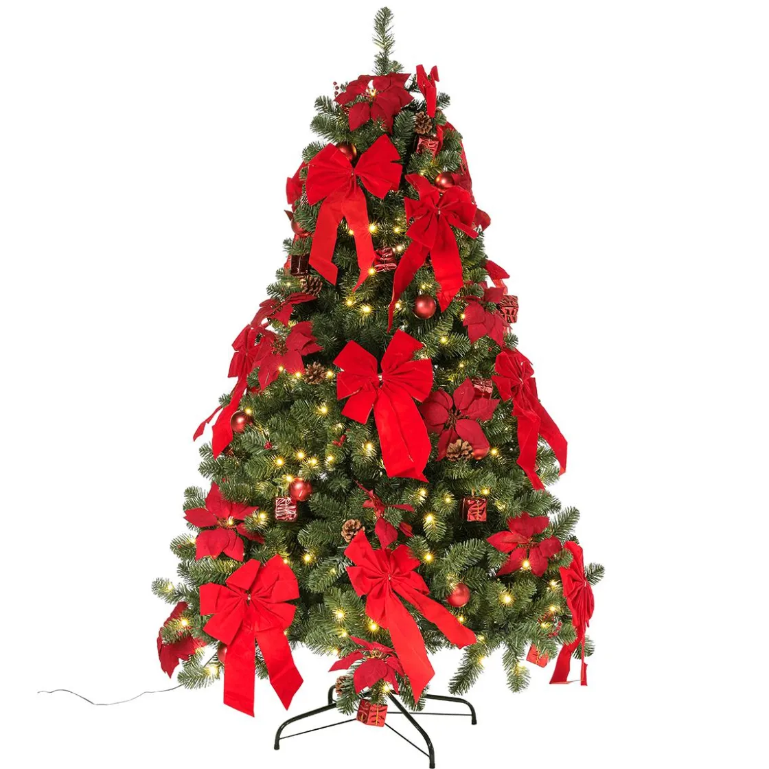DecoWoerner Árboles De Navidad Artificiales>Árbol De Navidad Artificial Decorado Con LED, Adornos Navideños s, Lazos, Flores De Navidad Y Pequeños Regalos 210 Cm